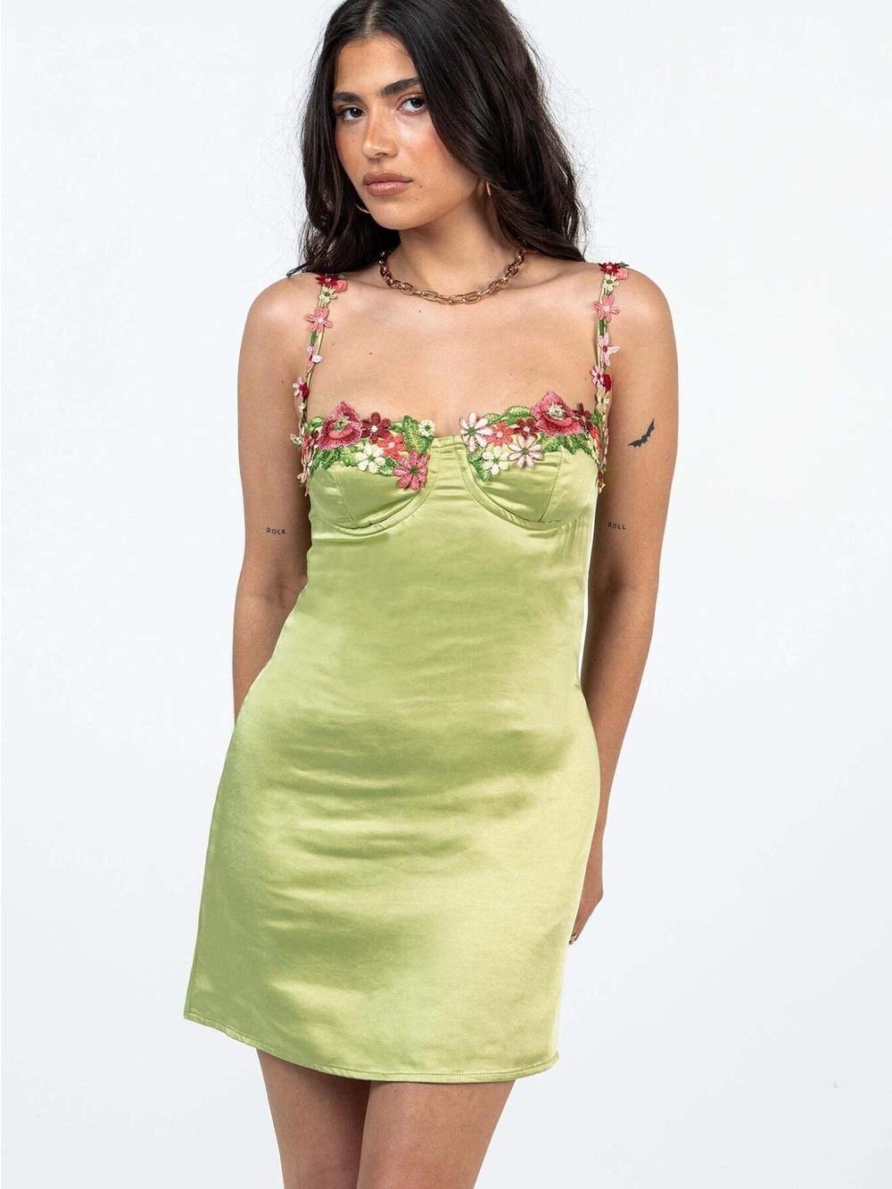 Lime Green Floral Appliqué Satin Slip Dress